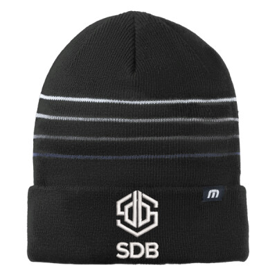TravisMathew Striped Cuffed Beanie - White 3D Embroidery Thumbnail